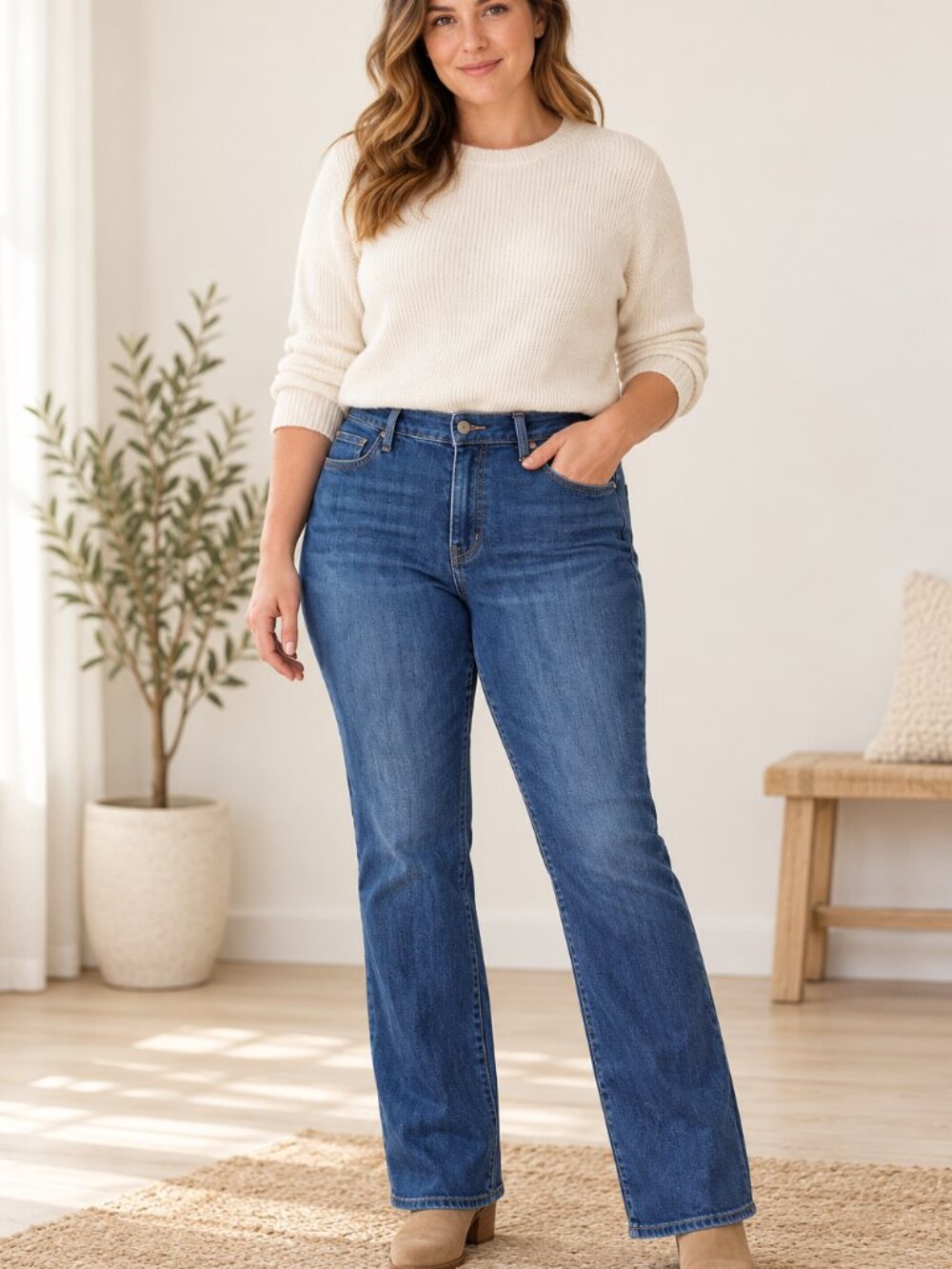 12 P L.L. Bean Classic Fit High Rise Straight Leg Dark Medium Wash Denim Jeans